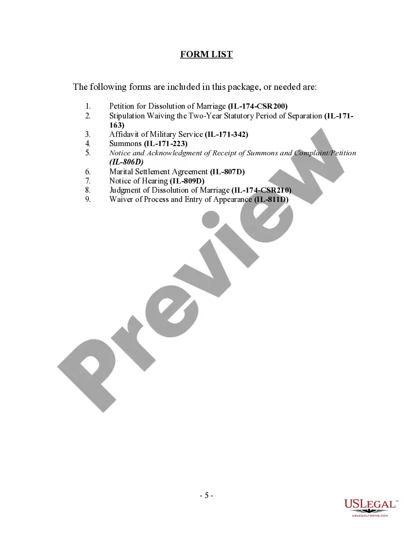Preview Illinois No-Fault Agreed Uncontested Divorce Package for Dissolution of Marriage for Persons with No Children with or without Property and Debts