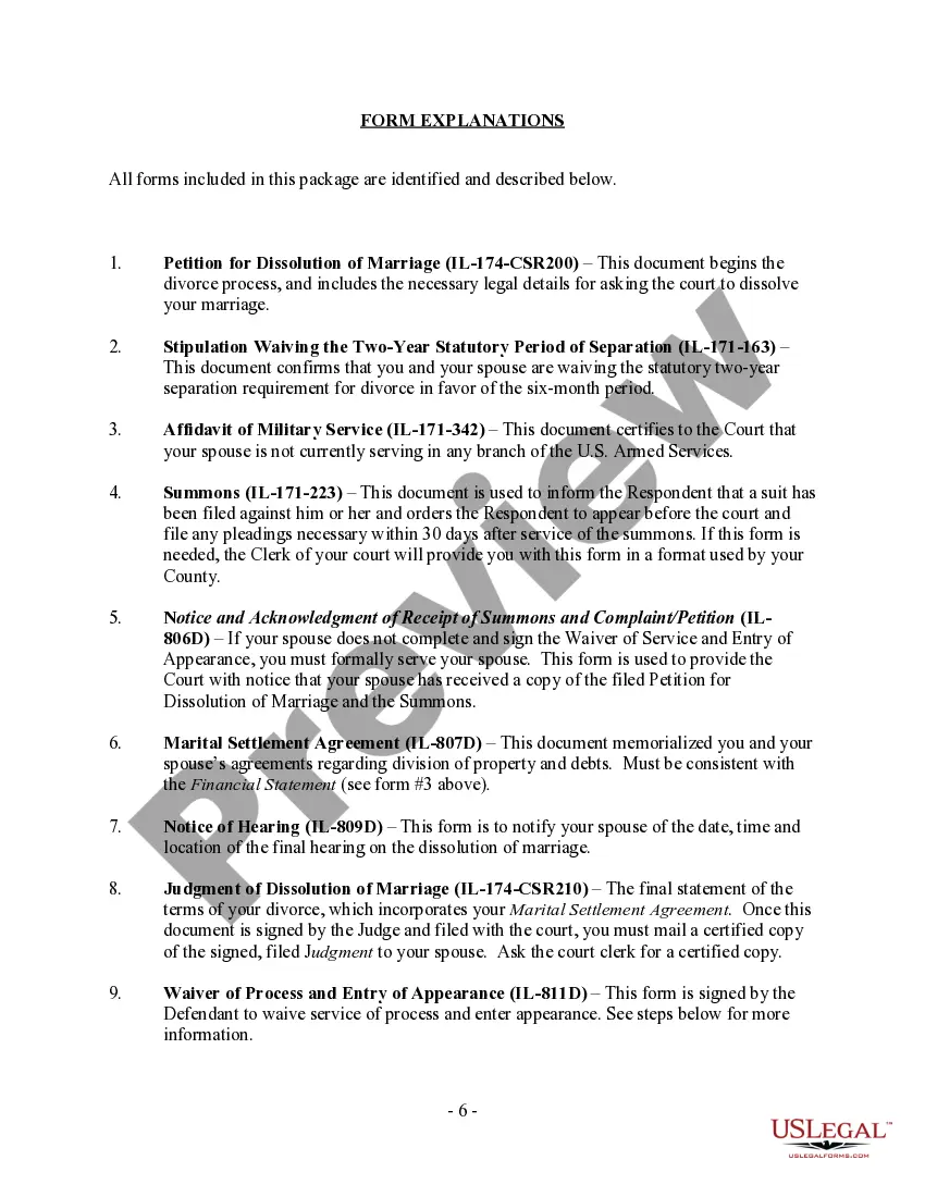 Preview Illinois No-Fault Agreed Uncontested Divorce Package for Dissolution of Marriage for Persons with No Children with or without Property and Debts