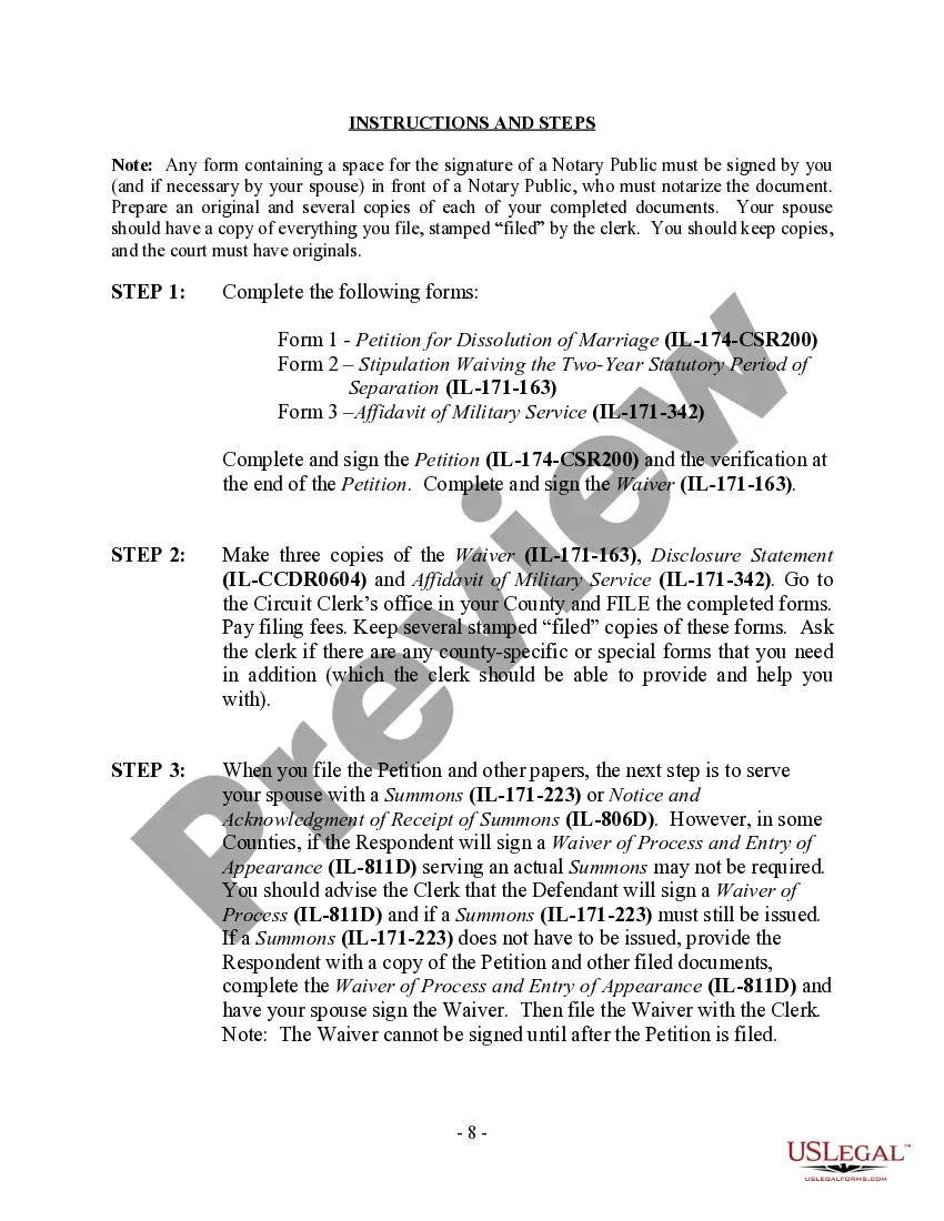 Preview Illinois No-Fault Agreed Uncontested Divorce Package for Dissolution of Marriage for Persons with No Children with or without Property and Debts