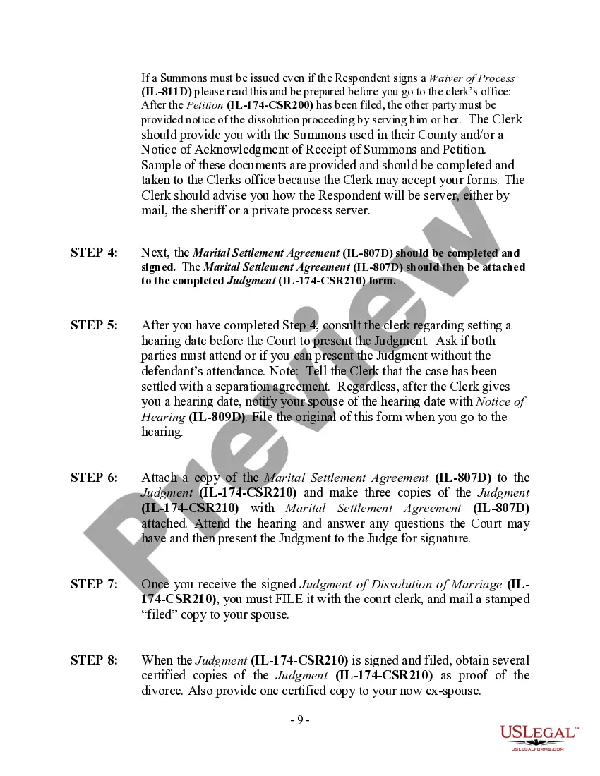 Preview Illinois No-Fault Agreed Uncontested Divorce Package for Dissolution of Marriage for Persons with No Children with or without Property and Debts