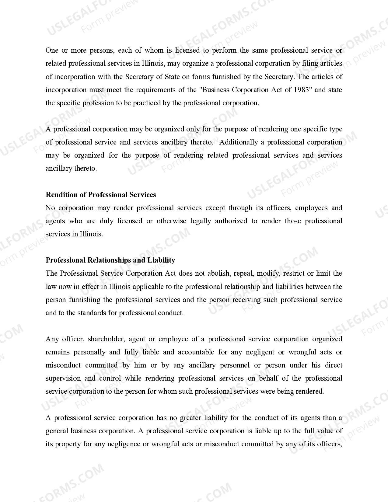 Preview Professional Corporation Package for Illinois