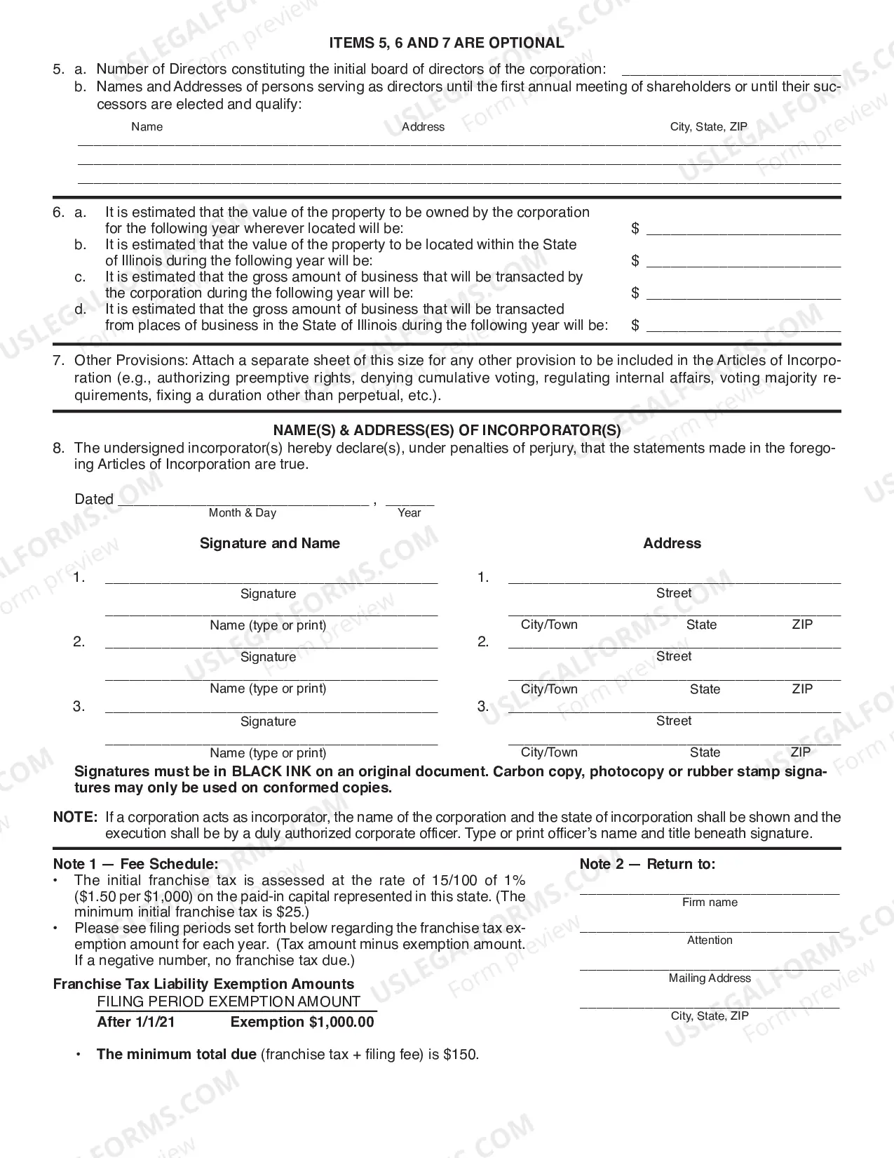 Preview Illinois Articles of Incorporation for Domestic For-Profit Corporation