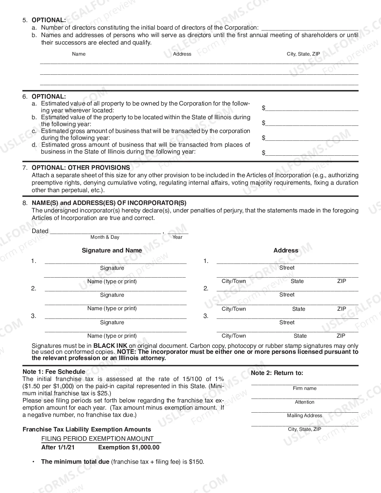 Preview Illinois Articles of Incorporation for Professional Corporation