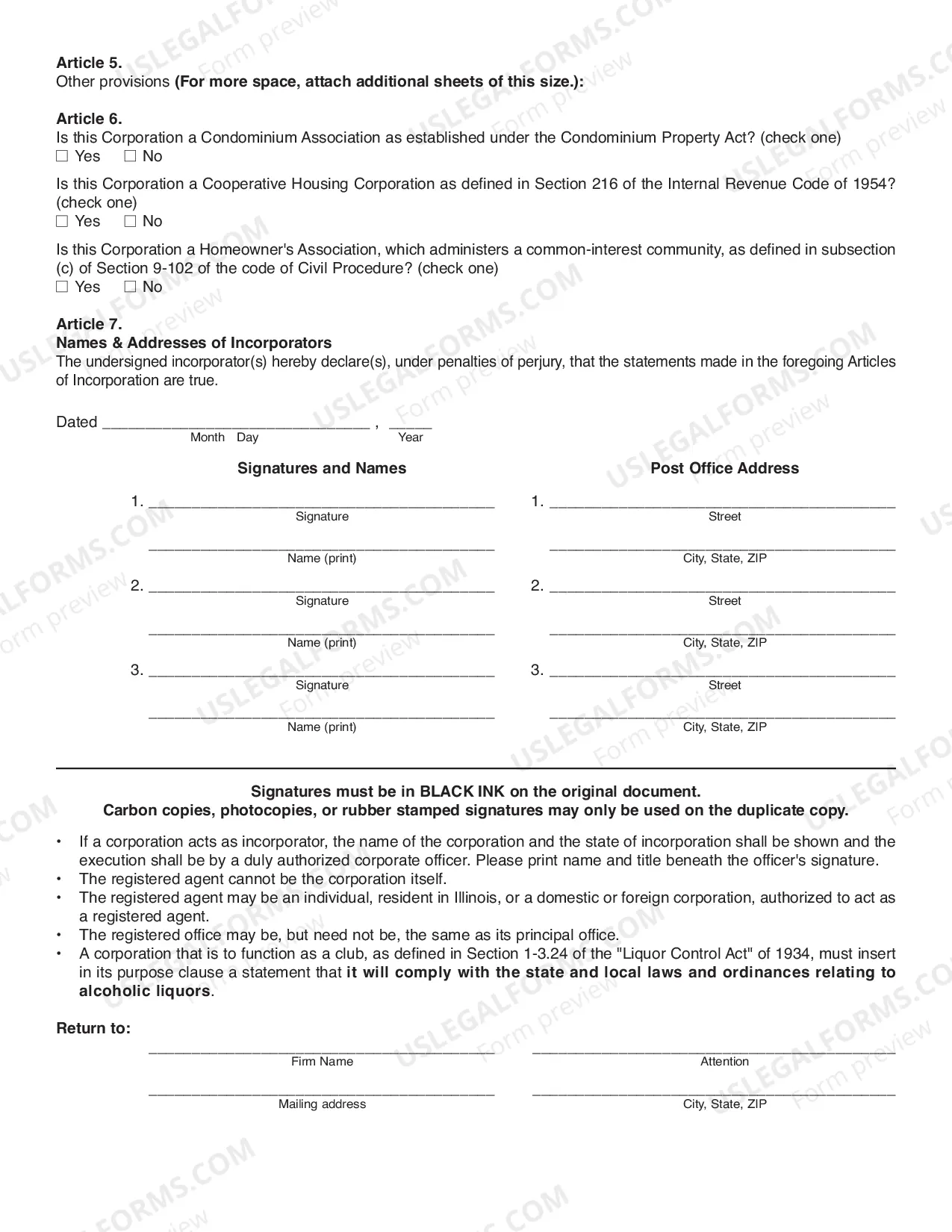 Preview Illinois Articles of Incorporation for Domestic Nonprofit Corporation