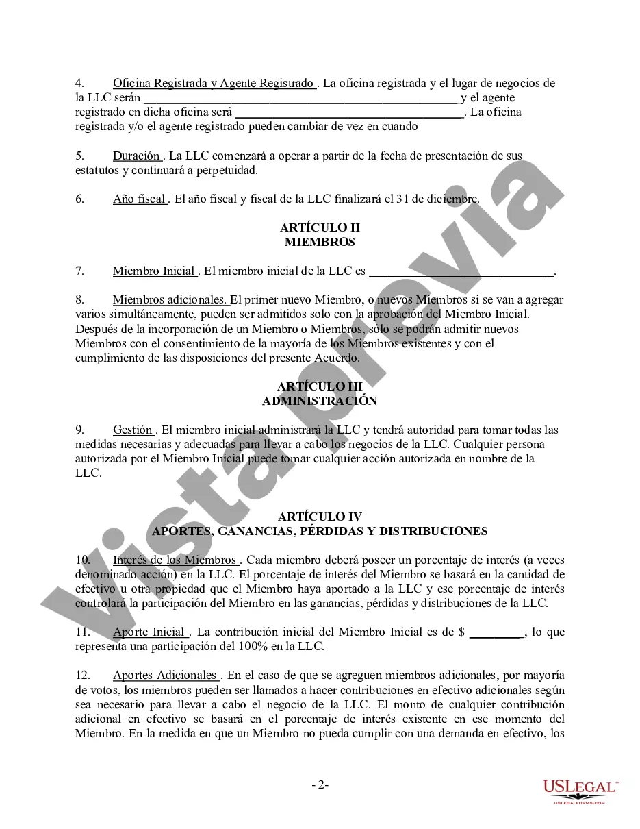 Preview Acuerdo Operativo LLC de Sociedad de Responsabilidad Limitada de Miembro Único