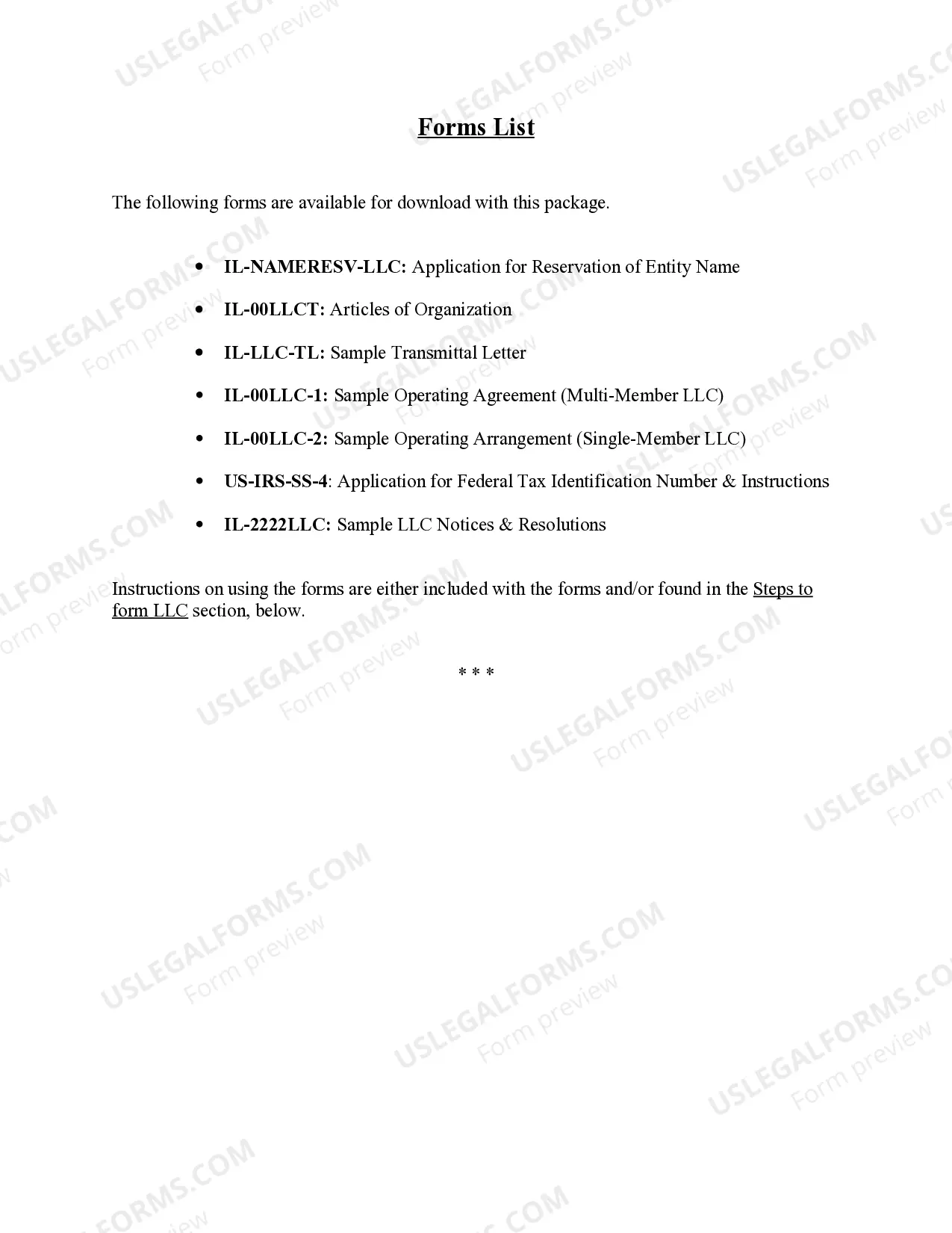 Preview Illinois Limited Liability Company LLC Formation Package