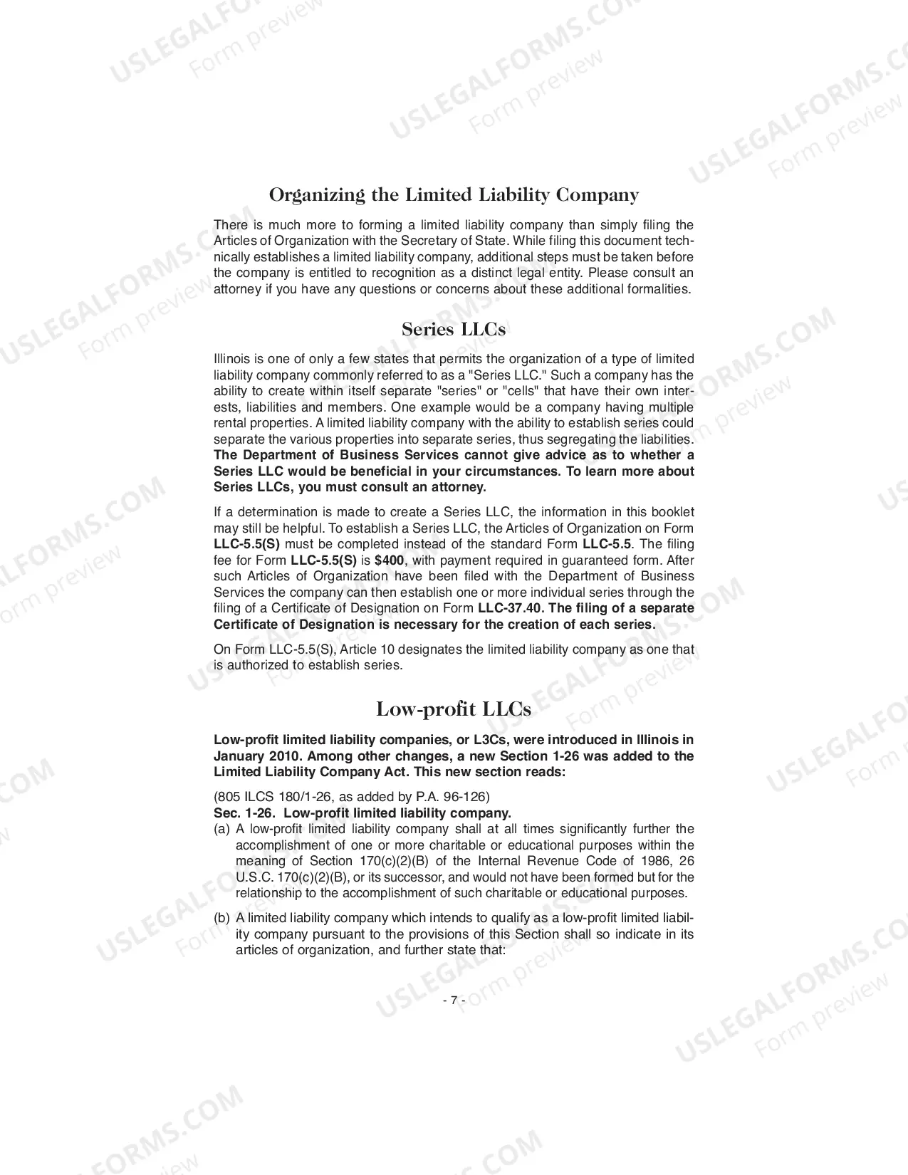 Preview Illinois Articles of Organization for Domestic Limited Liability Company LLC