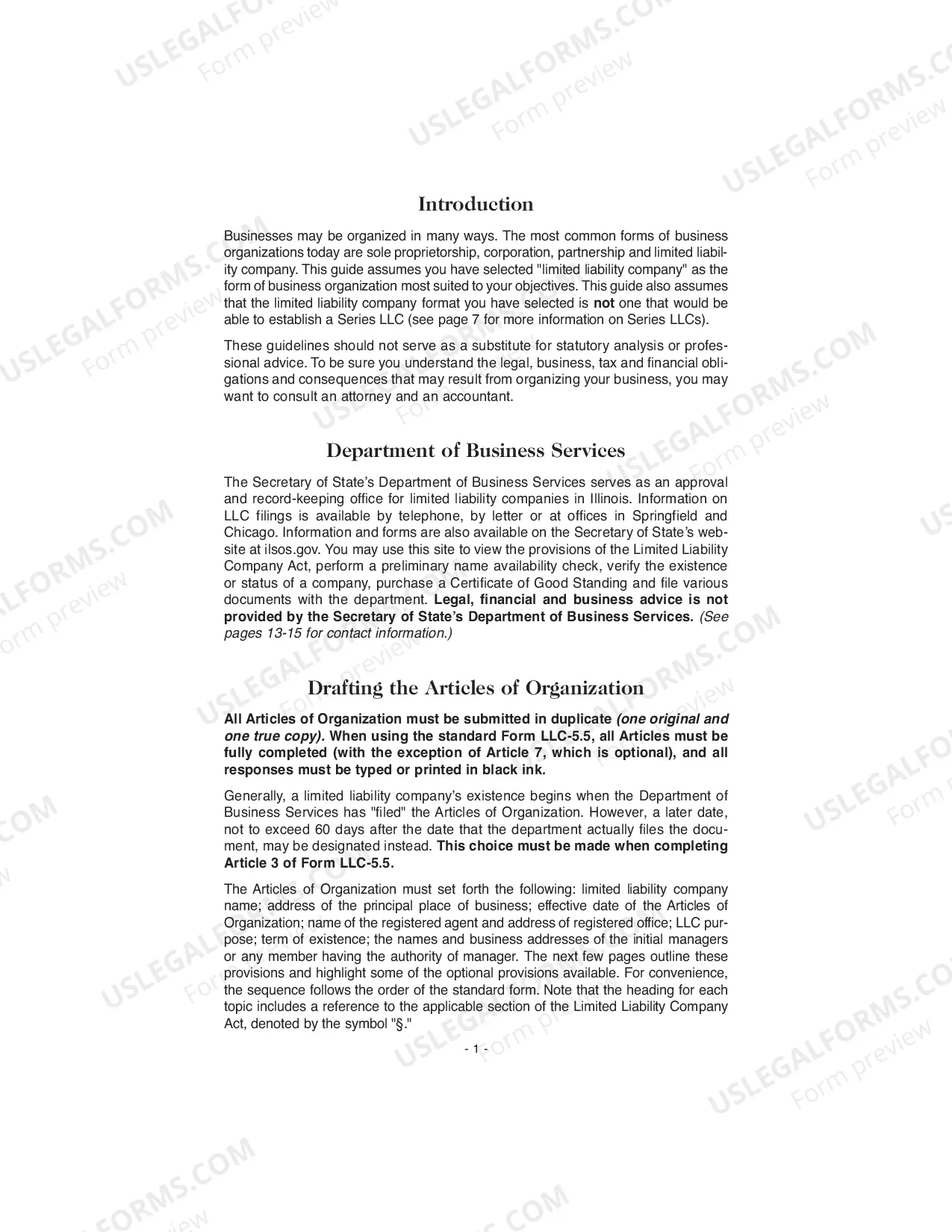 Preview Illinois Articles of Organization for Domestic Limited Liability Company LLC