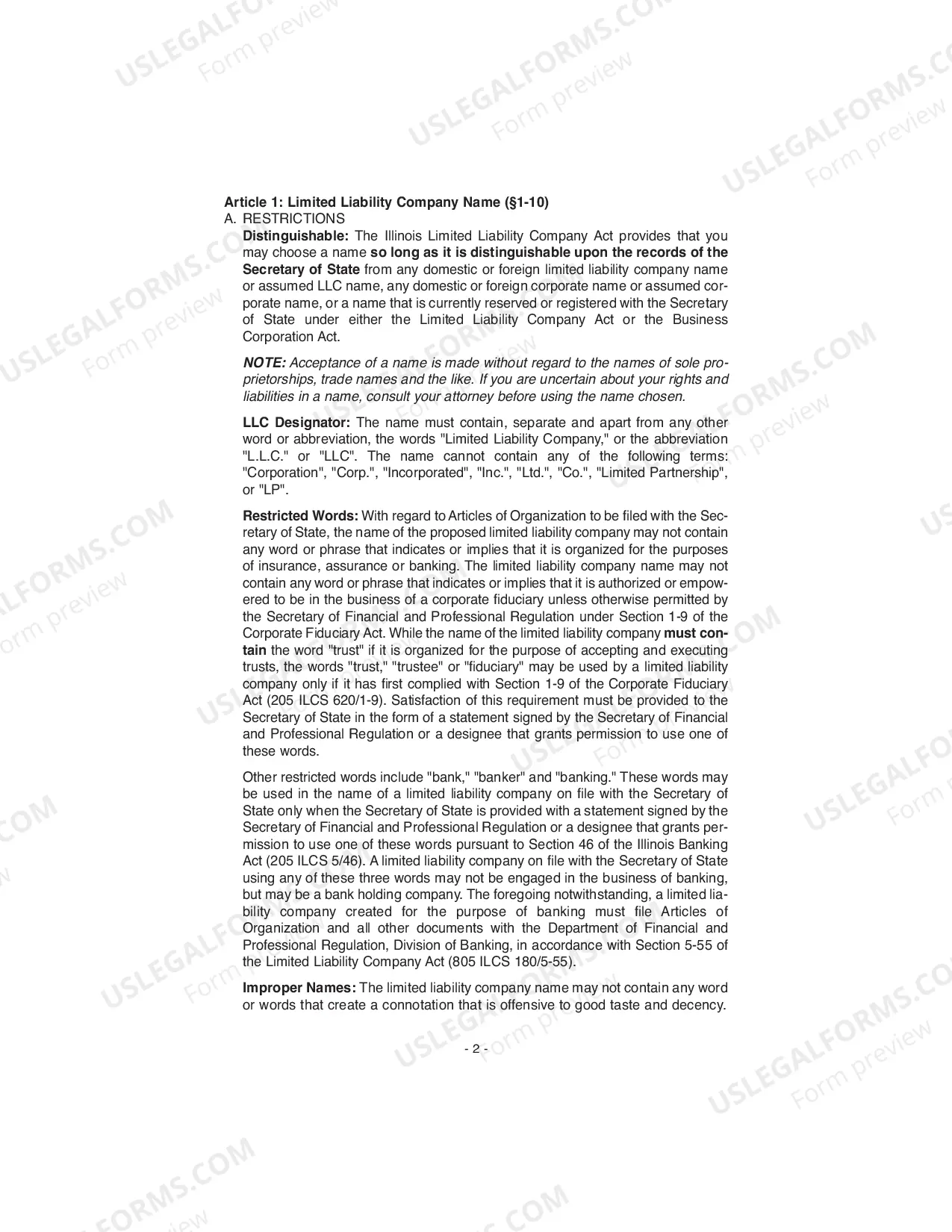 Preview Illinois Articles of Organization for Domestic Limited Liability Company LLC