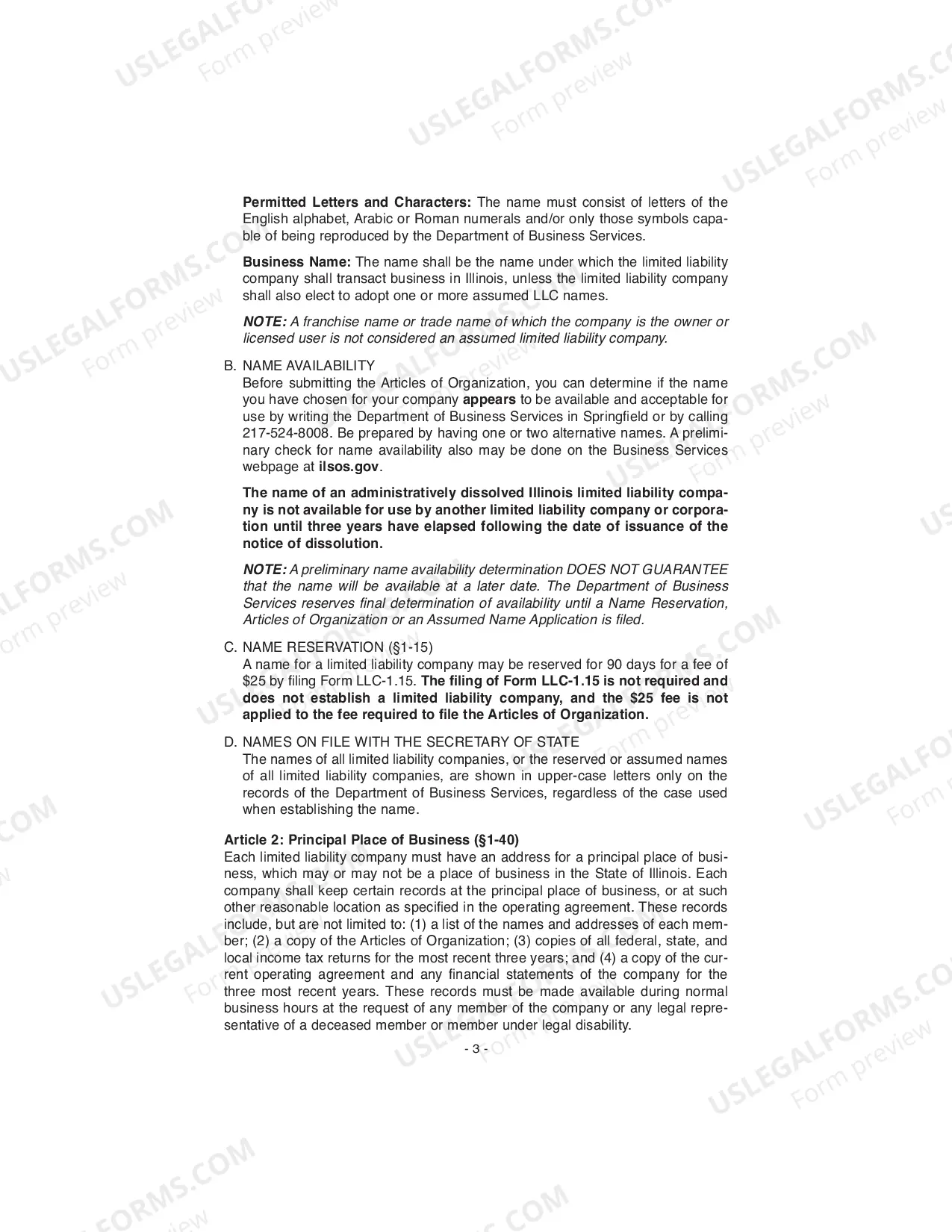 Preview Illinois Articles of Organization for Domestic Limited Liability Company LLC