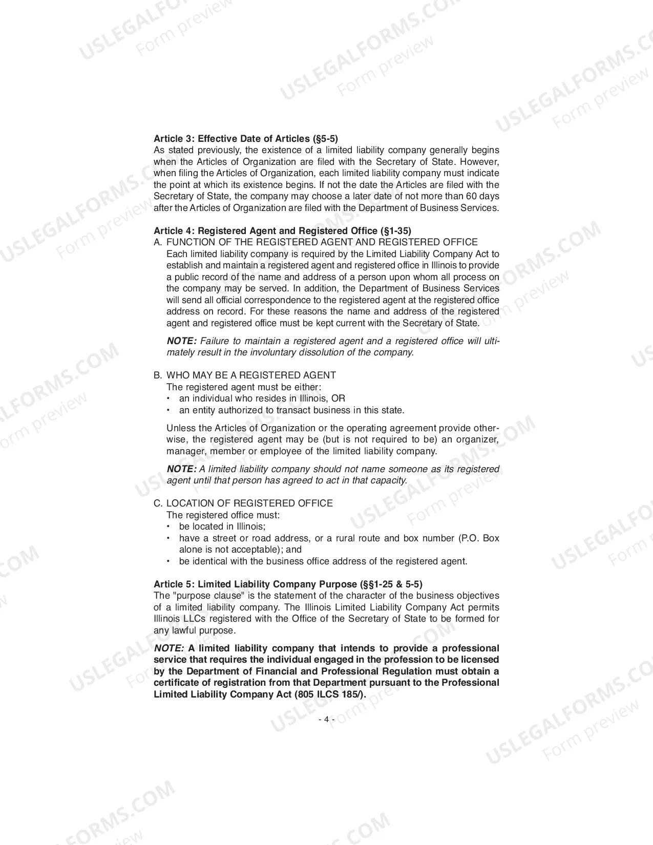 Preview Illinois Articles of Organization for Domestic Limited Liability Company LLC