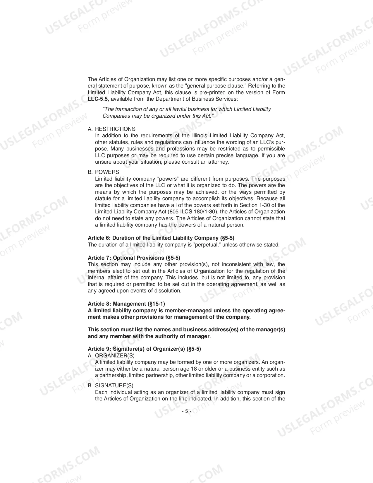 Preview Illinois Articles of Organization for Domestic Limited Liability Company LLC