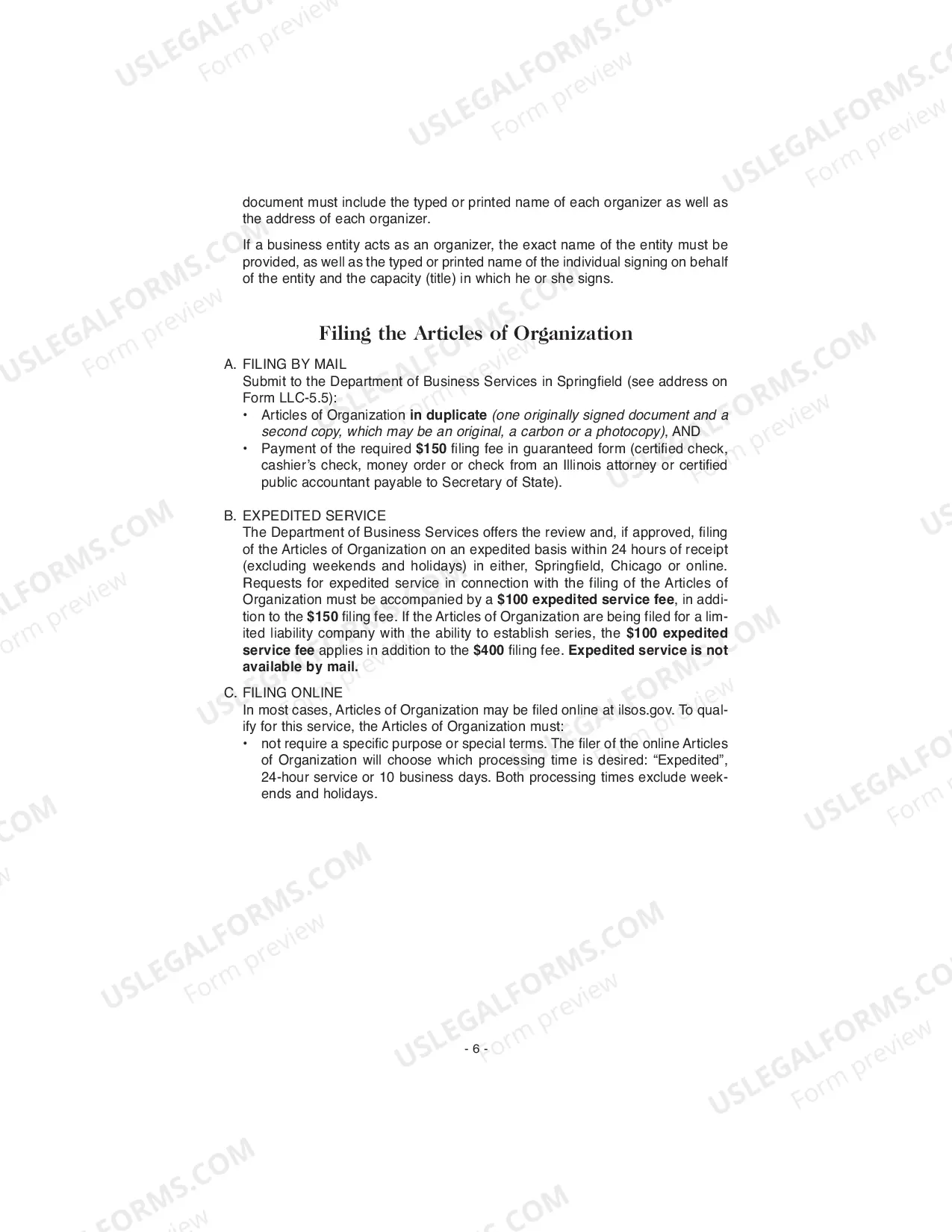 Preview Illinois Articles of Organization for Domestic Limited Liability Company LLC