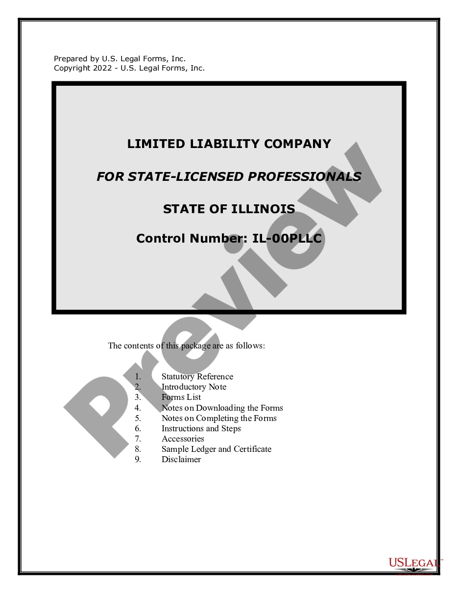 page 0 Illinois Professional Limited Liability Company PLLC Formation Package. preview