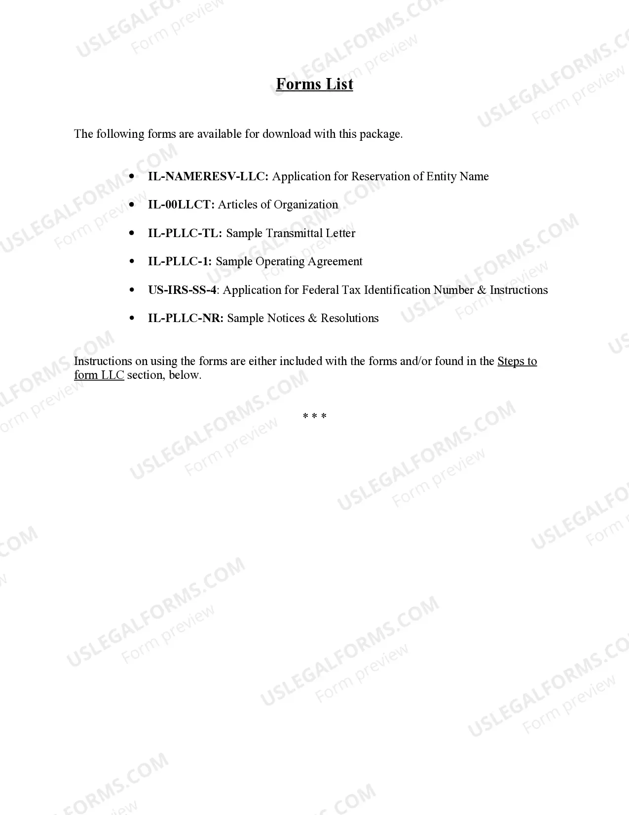 Preview Illinois Professional Limited Liability Company PLLC Formation Package.