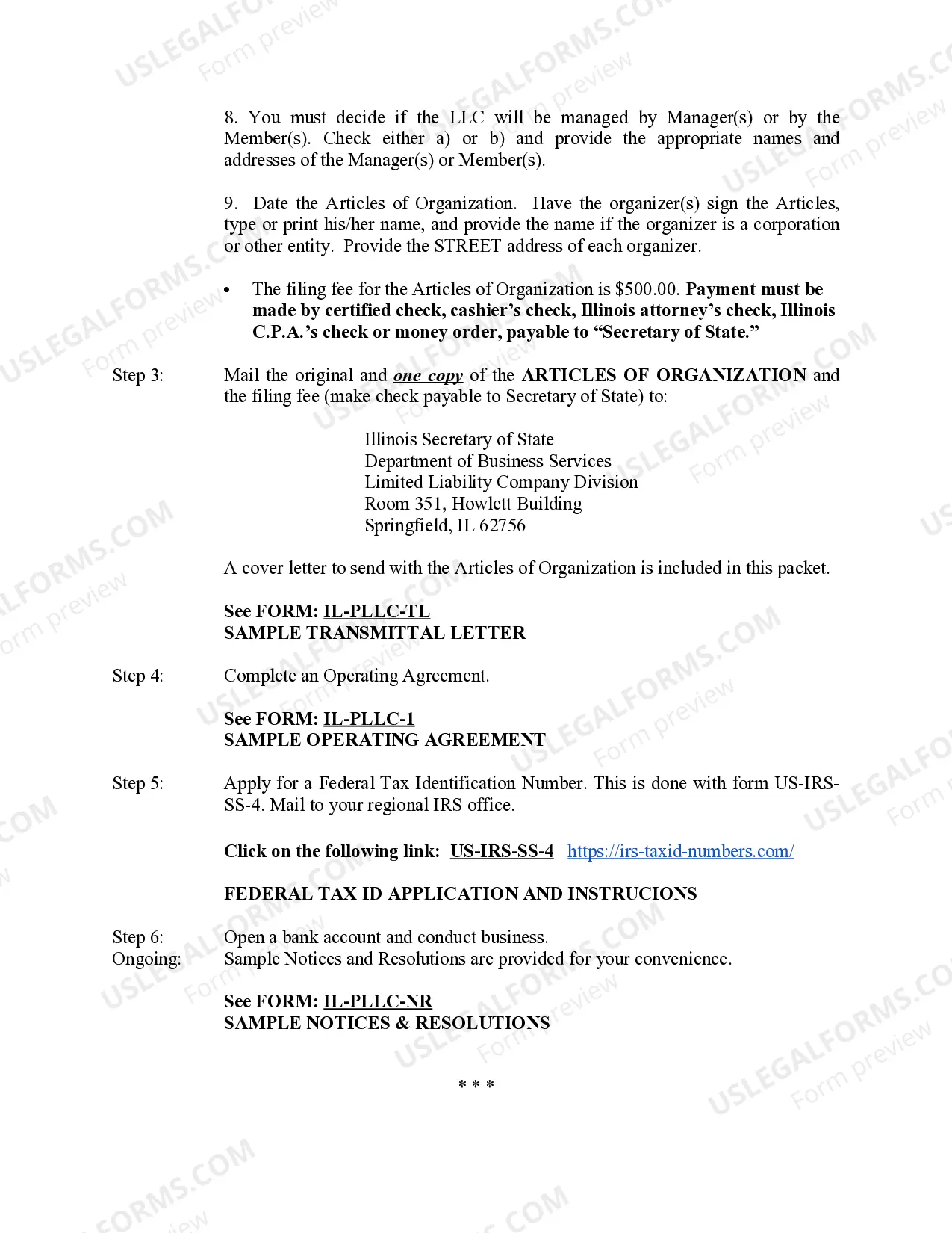 Preview Illinois Professional Limited Liability Company PLLC Formation Package.