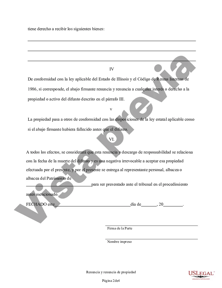 Preview Renuncia y descargo de responsabilidad de la propiedad de Illinois por testamento por parte de Testado