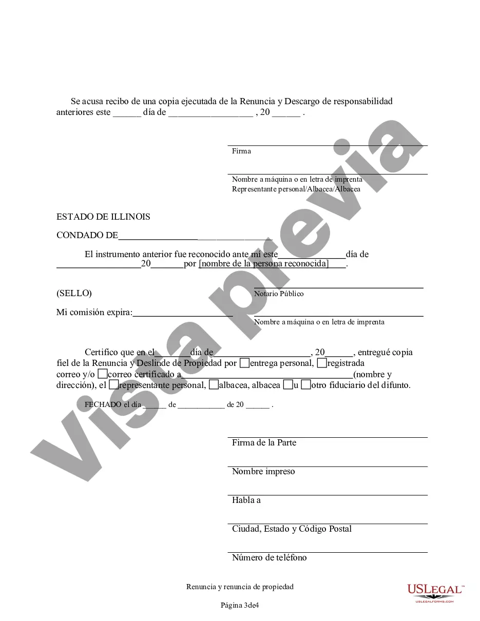 Preview Renuncia y descargo de responsabilidad de la propiedad de Illinois por testamento por parte de Testado