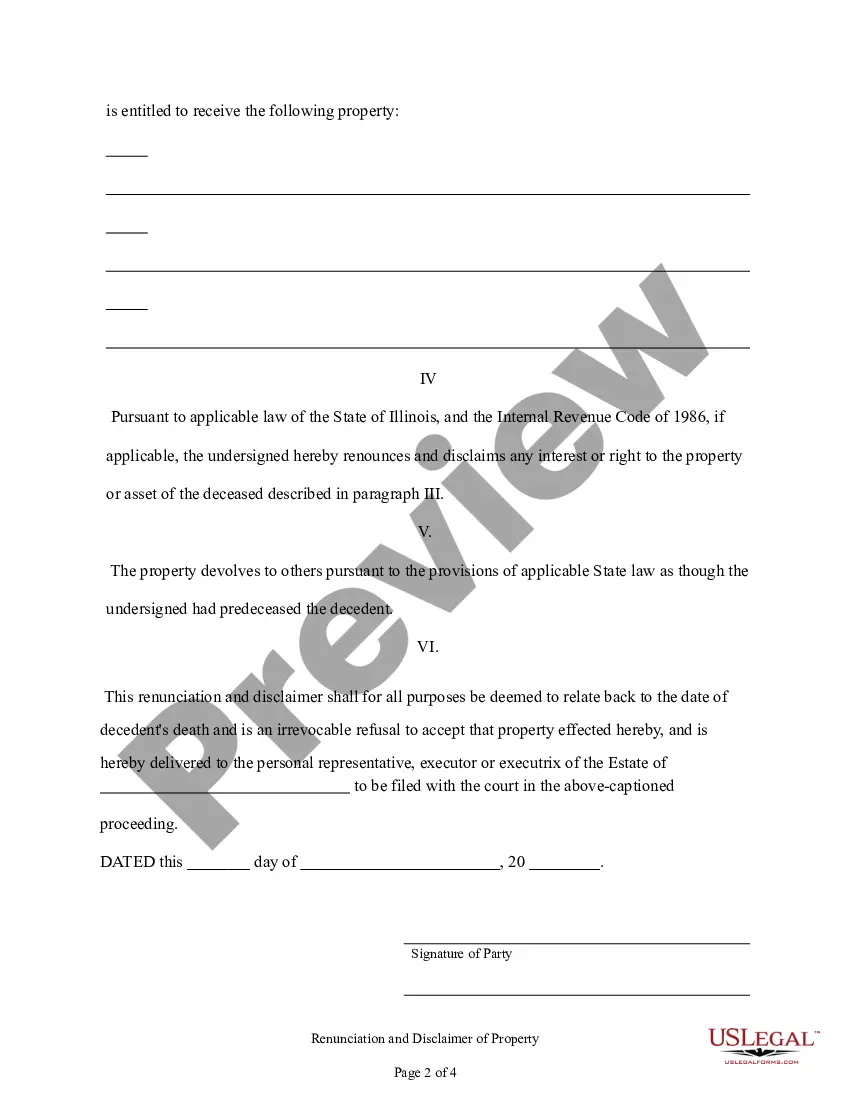 Preview Illinois Renunciation and Disclaimer of Property from Will by Testate
