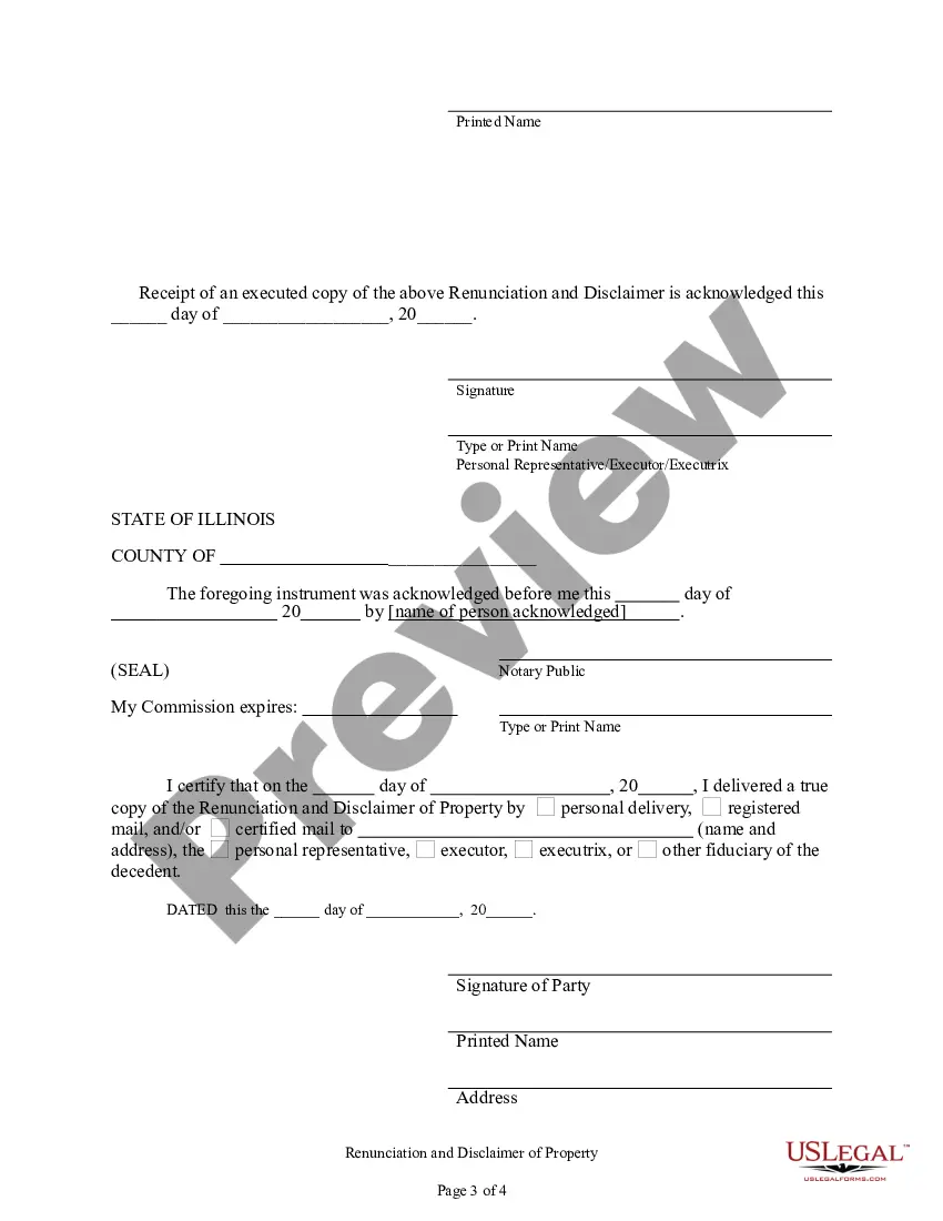 Preview Illinois Renunciation and Disclaimer of Property from Will by Testate