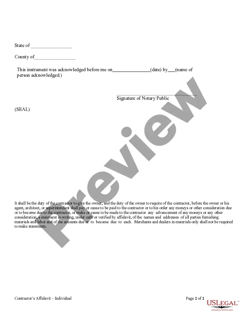 Preview Contractor's Verified Statement of Labor and Materials and amount due - Mechanic Liens - Individual