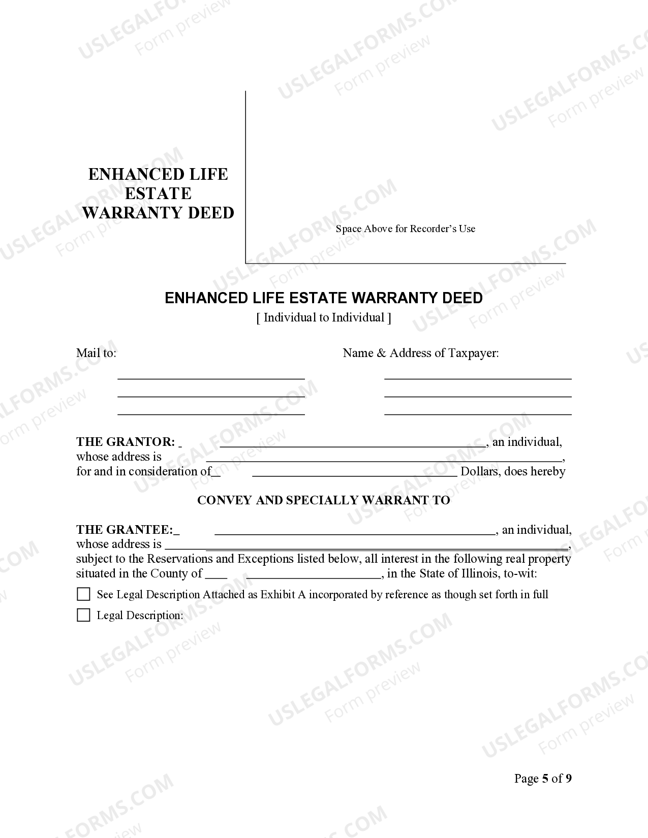 Illinois Lady Bird or Enhanced Life Estate Deed Lady Bird Deed Illinois US Legal Forms