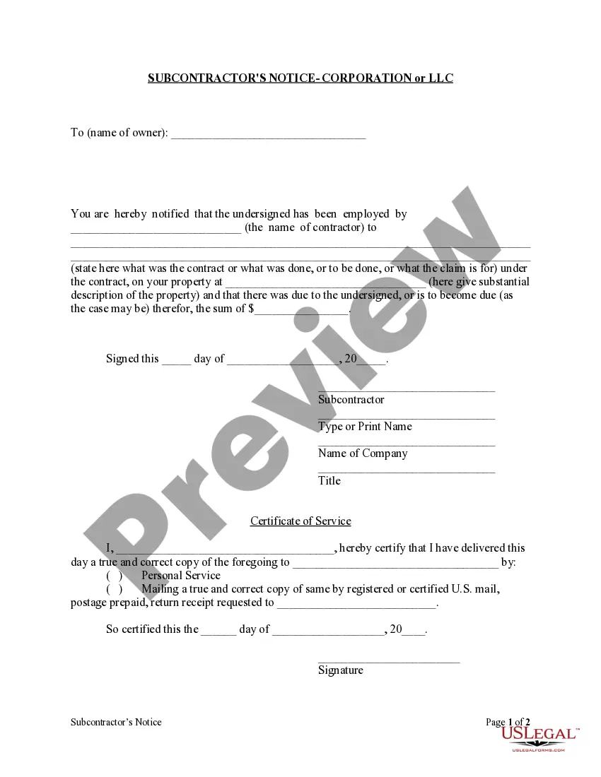 Preview Subcontractor's 60 Day Notice - Corporation or LLC