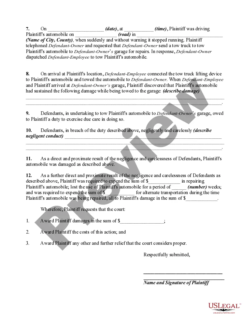 Preview Complaint for Damages to Vehicle due to Negligent Truck Towing