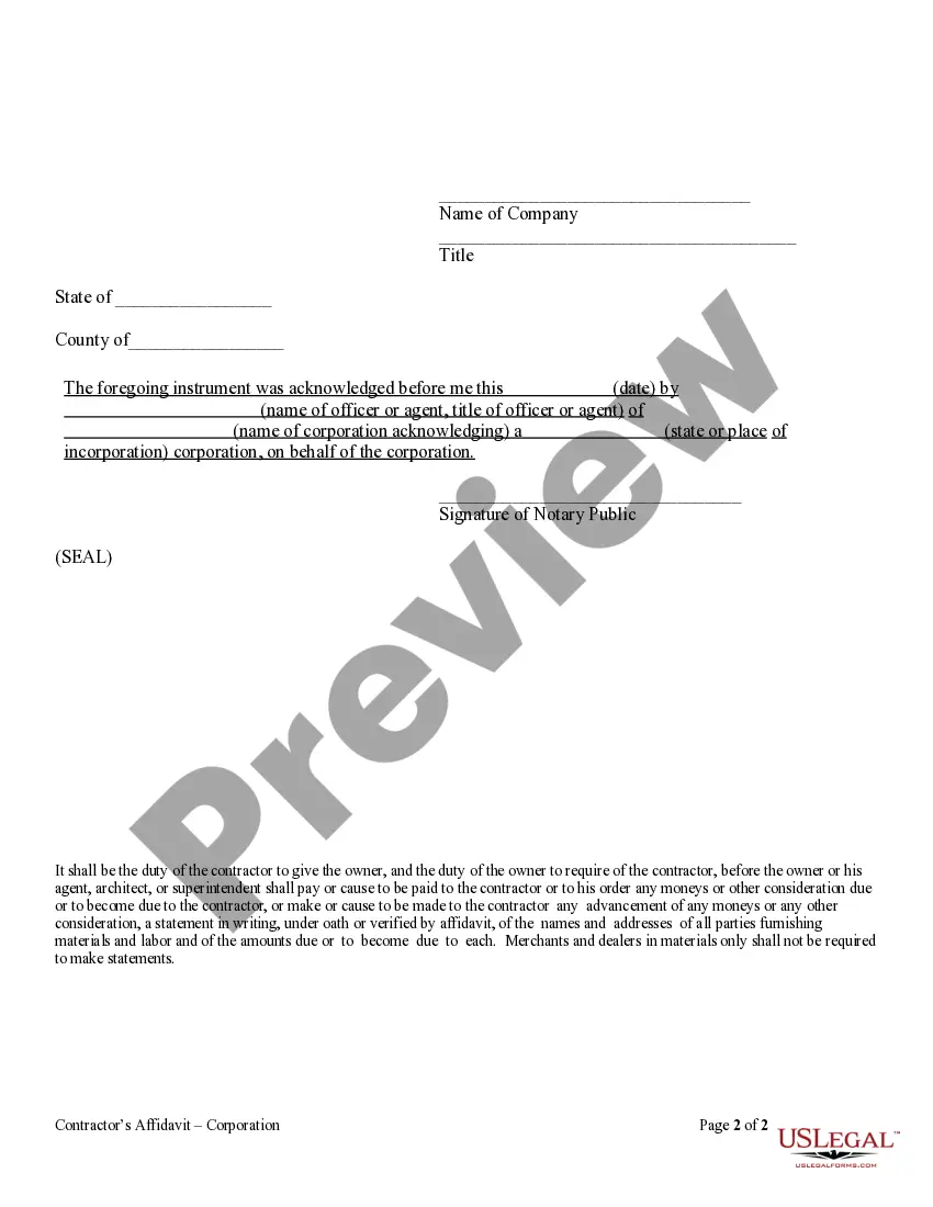 Preview Contractor's Verified Statement of Labor and Materials and amount due - Mechanic Liens - Corporation or LLC