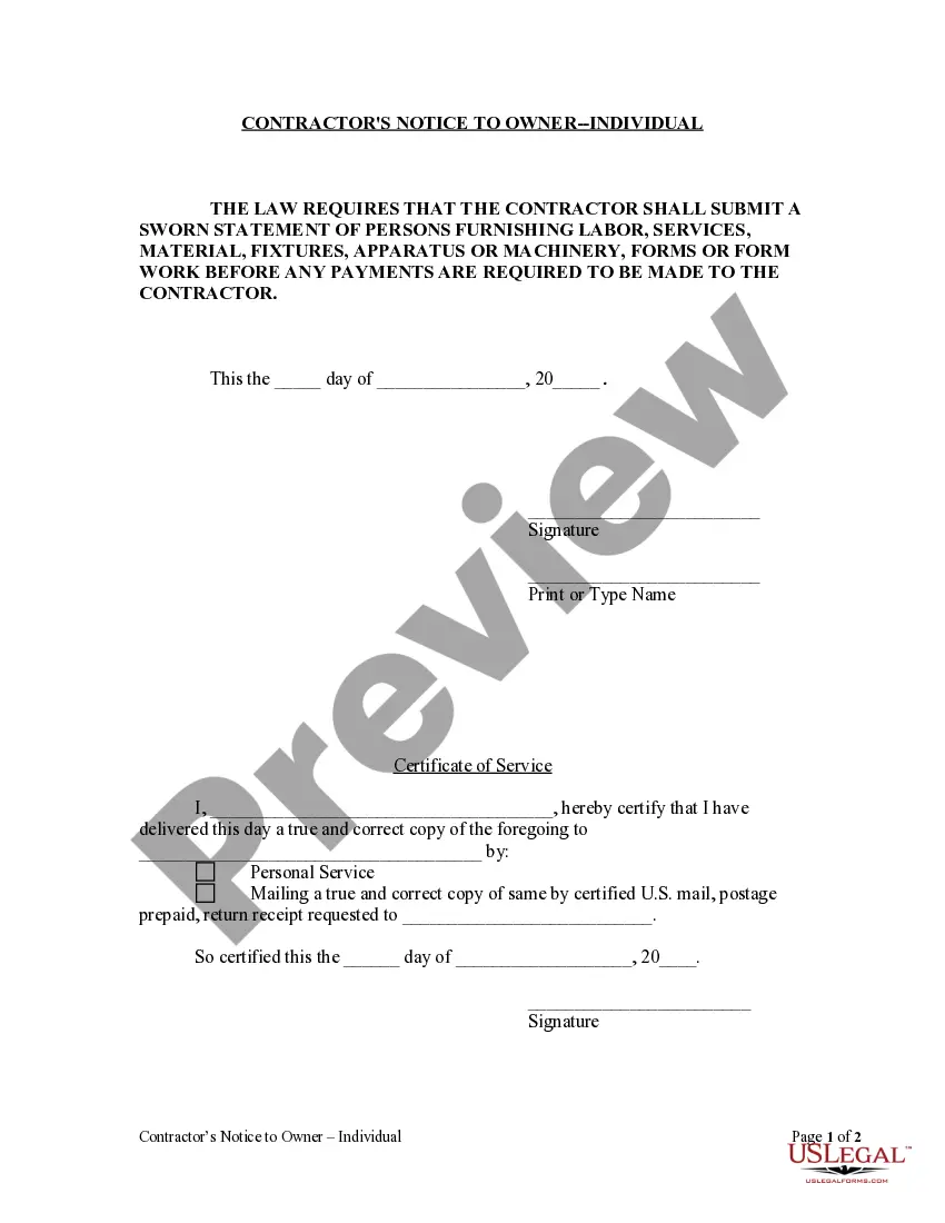 Preview Contractor's Notice to Owner about Disclosure of Labor and Materials - Mechanic Liens - Individual