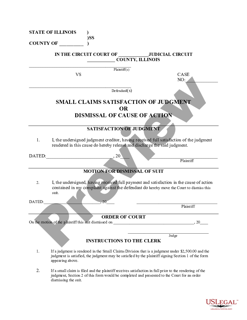 Illinois Satisfaction of Judgment or Dismissal of Cause of Action | US ...