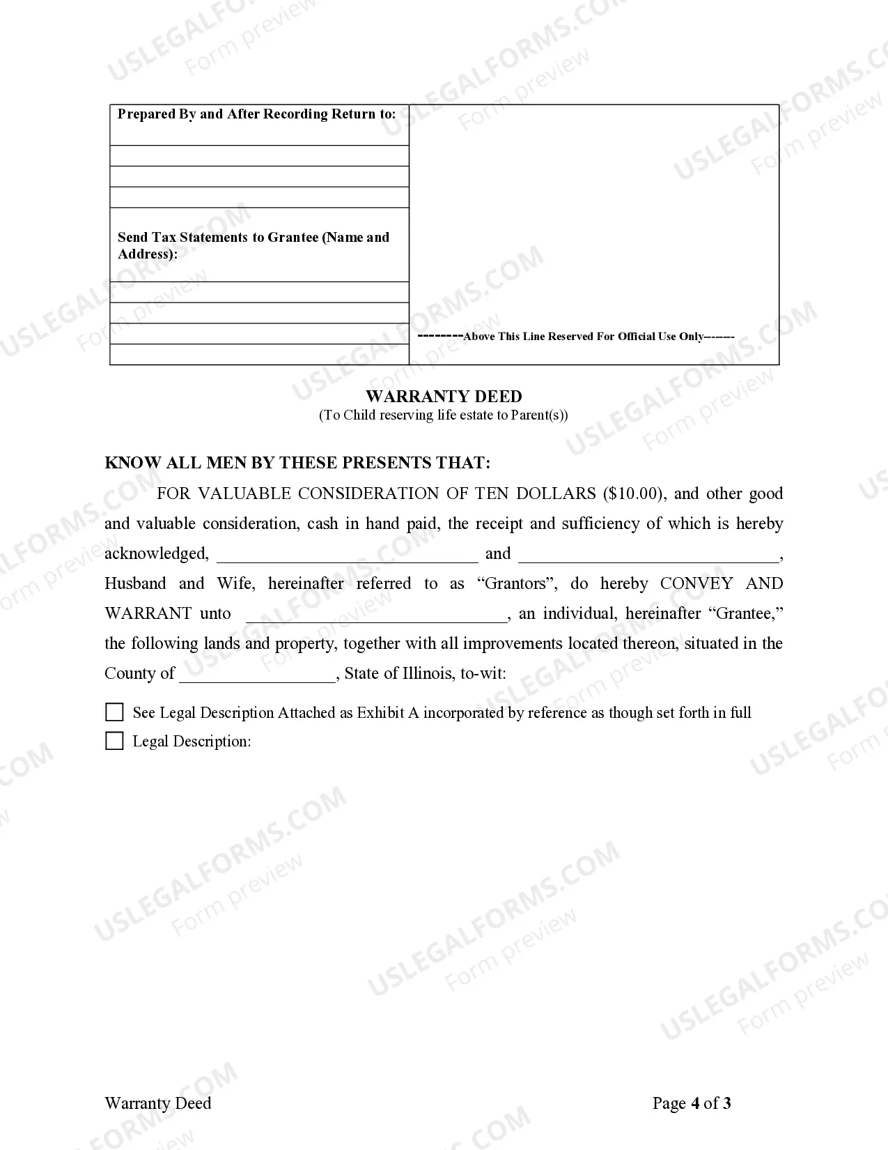 Preview Warranty Deed to Child Reserving a Life Estate in the Parents