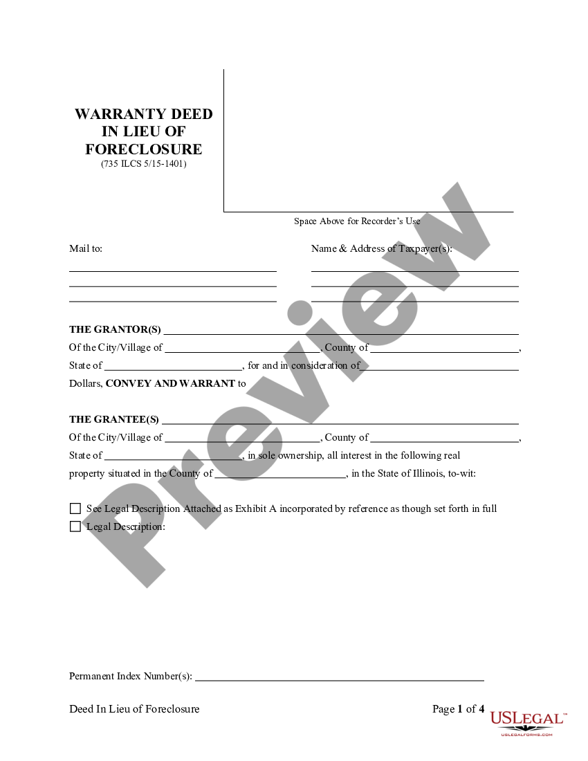 Naperville Illinois Warranty Deed In Lieu Of Foreclosure Deed Lieu Real Estate Us Legal Forms 6224