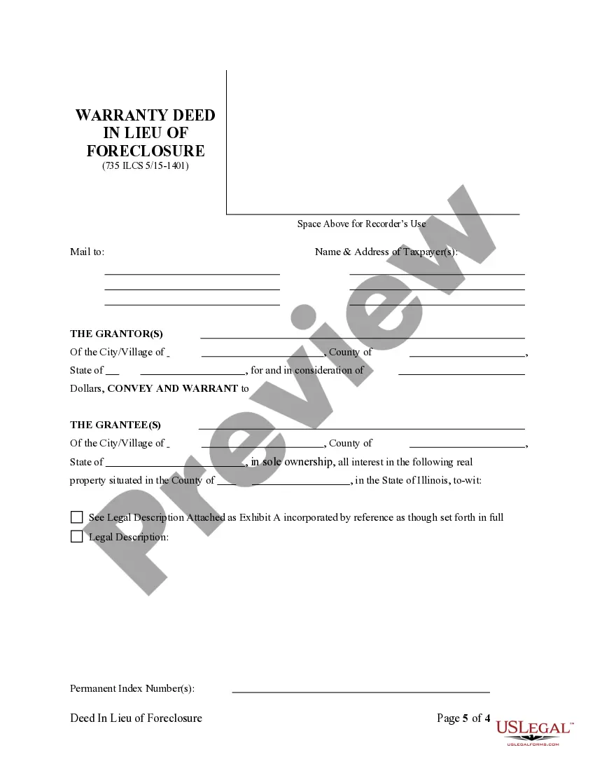 Get Warranty Deed in Lieu of Foreclosure Preview Warranty Deed in Lieu of Foreclosure