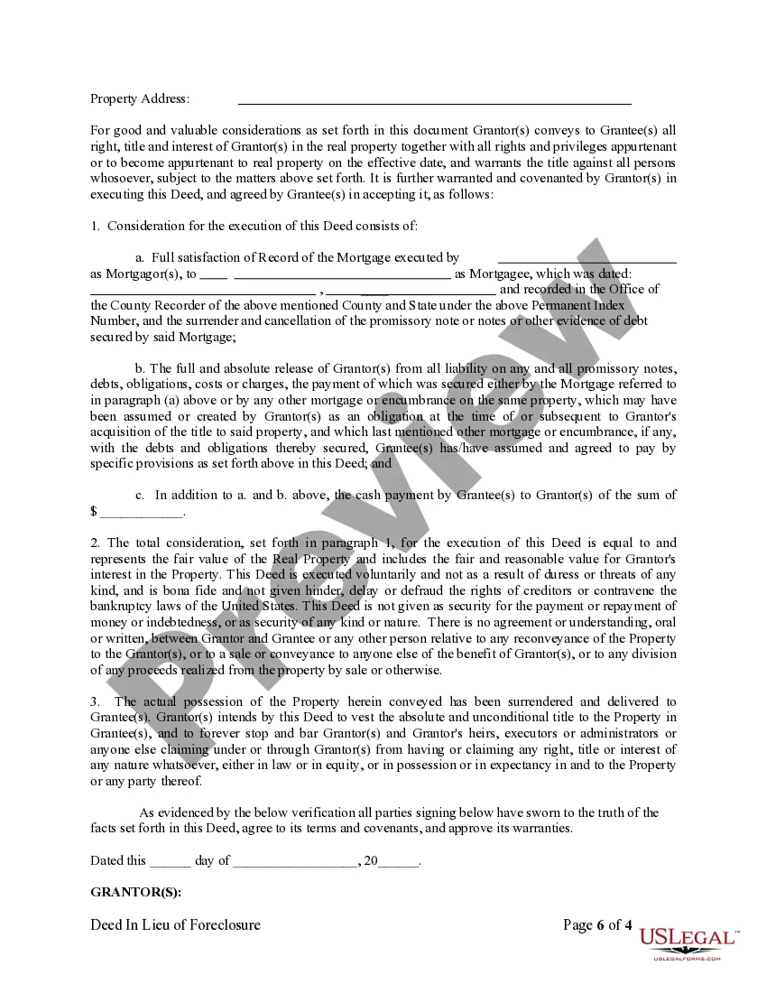 Get Warranty Deed in Lieu of Foreclosure Preview Warranty Deed in Lieu of Foreclosure