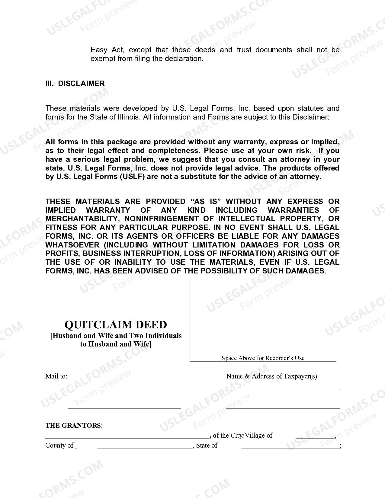 Preview Quitclaim Deed Husband, Wife and Two Individuals to Husband and Wife
