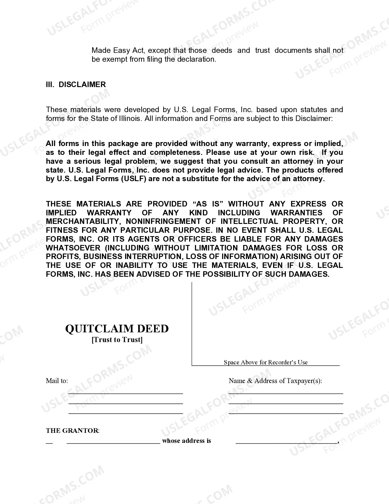 Preview Quitclaim Deed - Trust, by Successor Trustee, to Trust