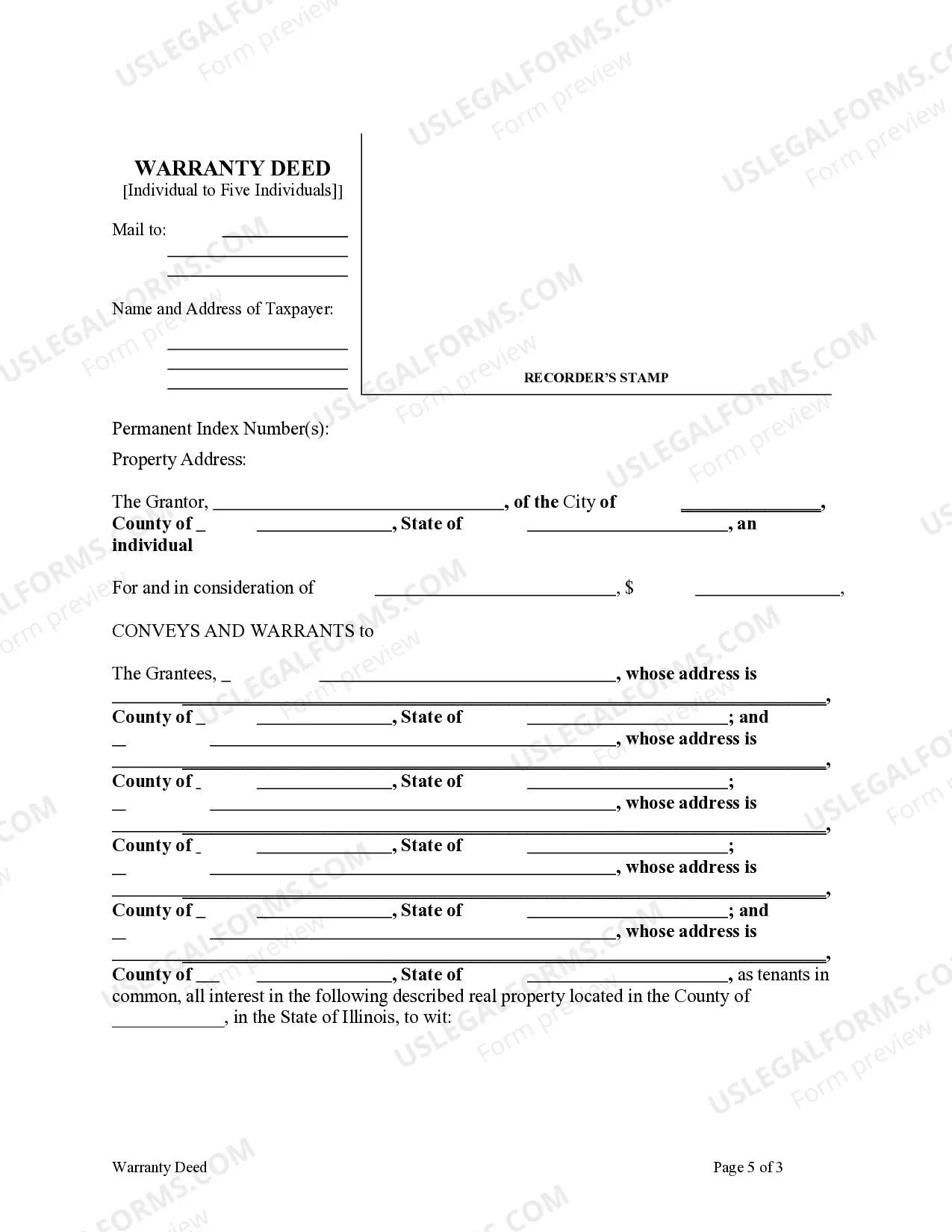 Preview Warranty Deed from an Individual Grantor to Five Individual Grantees