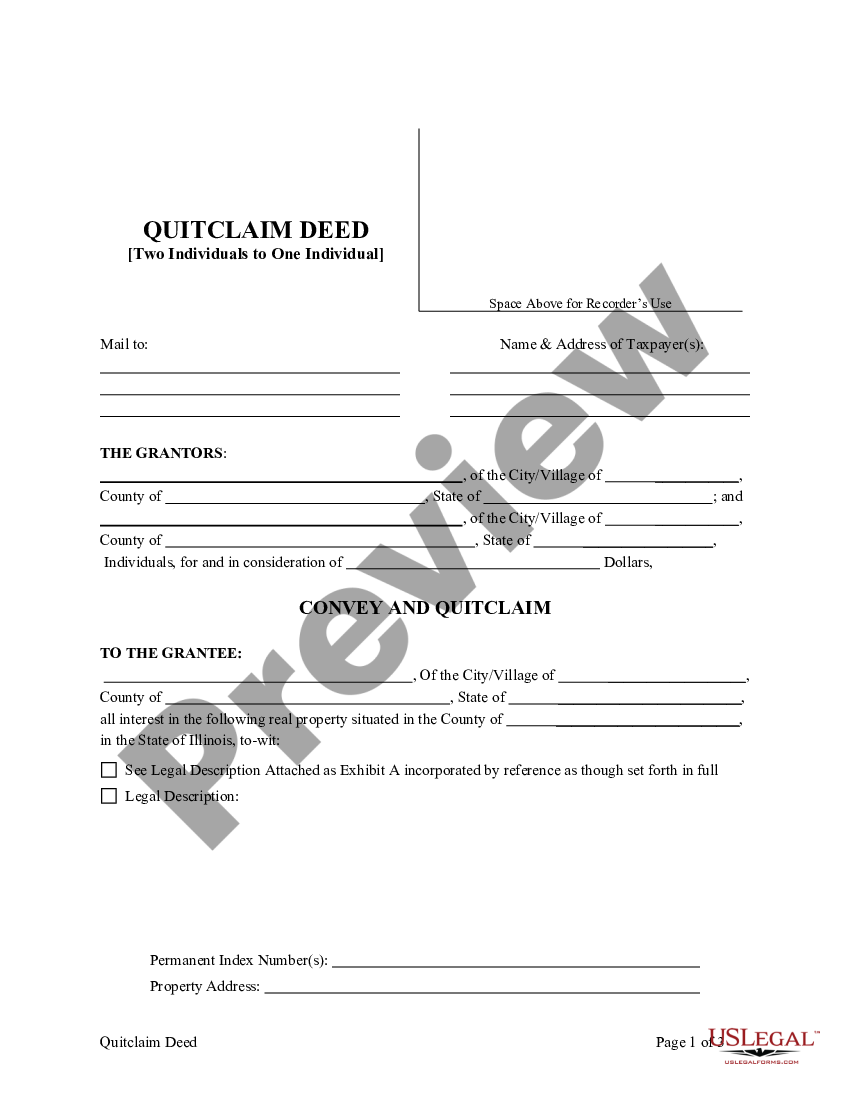 Illinois Quitclaim Deed From Two Individuals To One Individual Us Legal Forms 2968