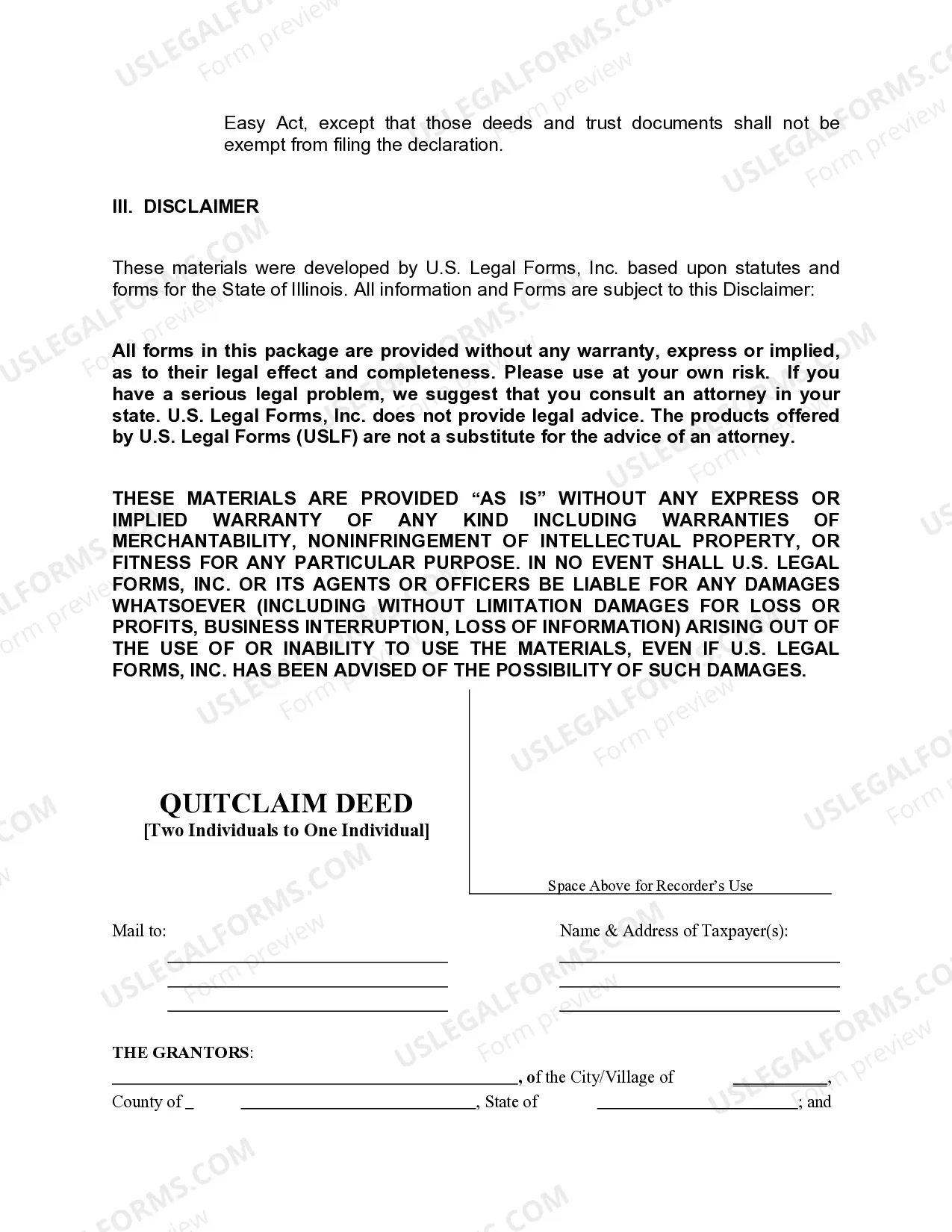 Preview Quitclaim Deed from Two Individuals to One Individual