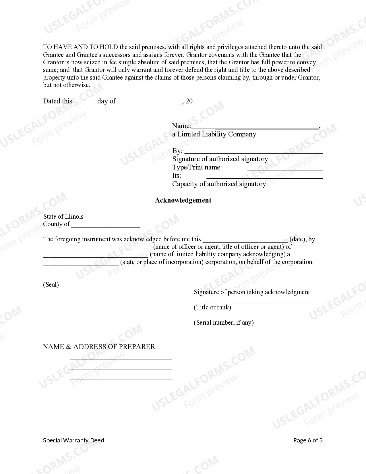 Preview Special Warranty Deed - Limited Liability Company to Limited Liability Company