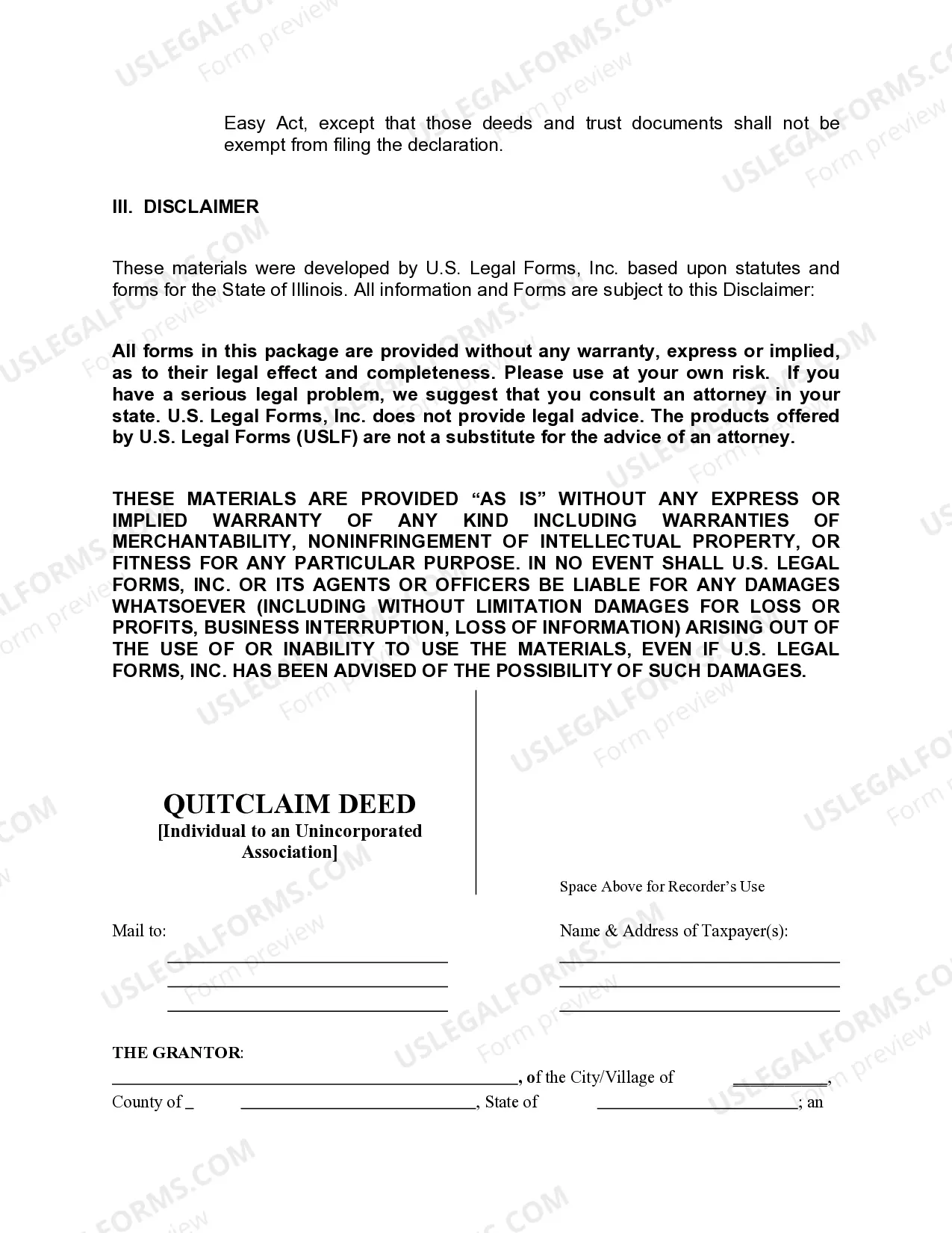 Preview Quitclaim Deed - Individual to an Unincorporated Association.