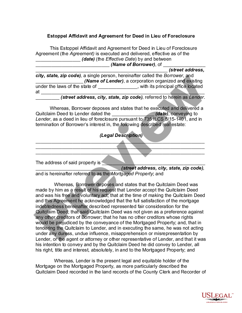 Naperville Illinois Estoppel Affidavit And Agreement For Deed In Lieu Of Foreclosure Estoppel 6087