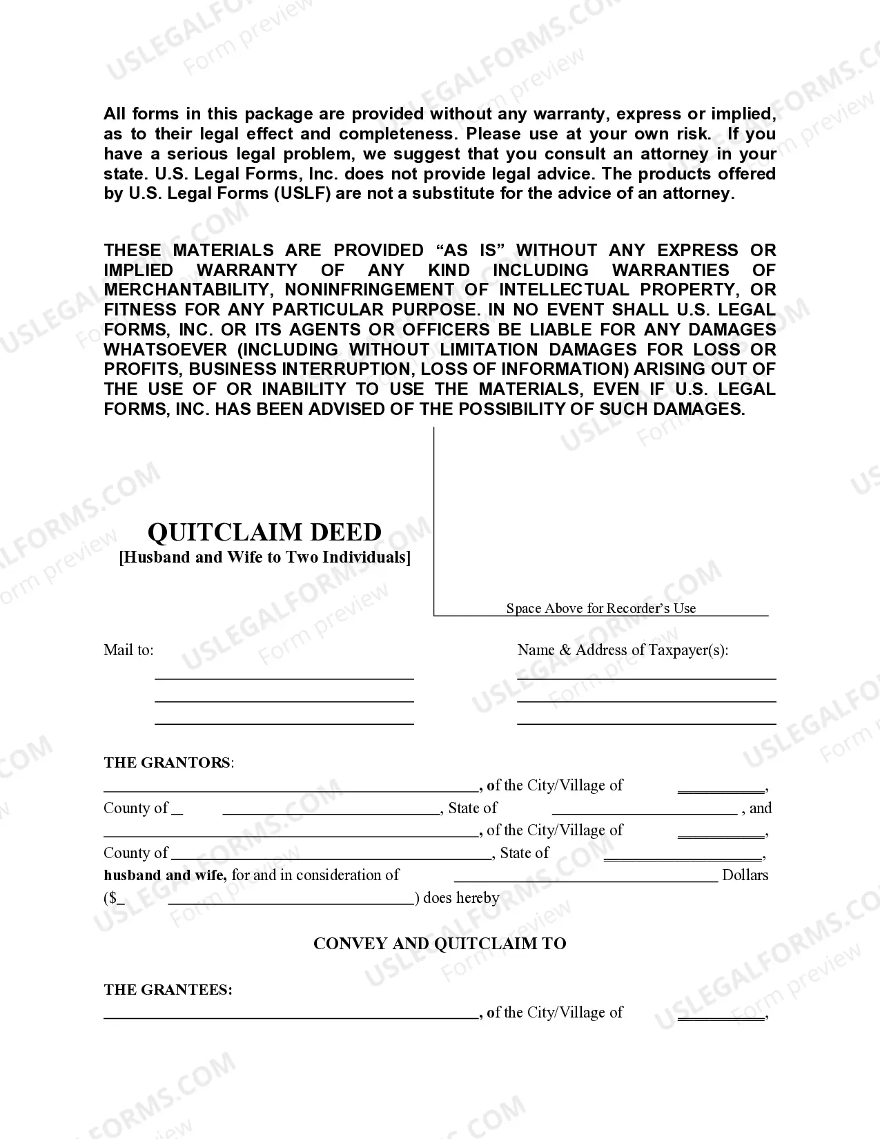 Preview Quitclaim Deed from Husband and Wife to Two Individuals