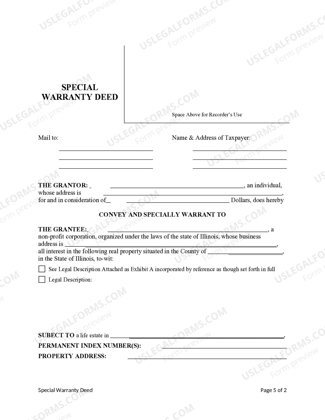 Illinois Special Warranty Deed from an Individual Grantor to Non ...