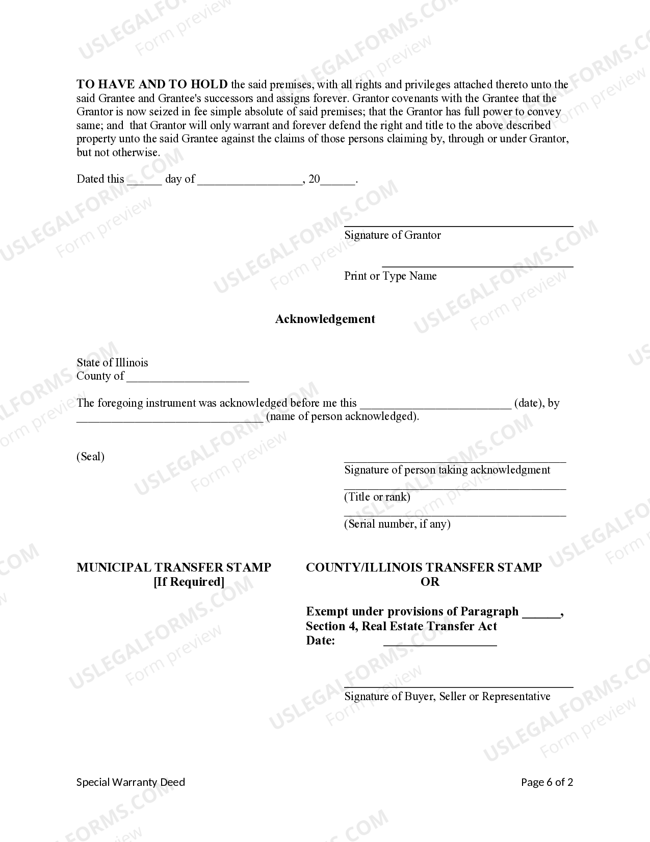 Illinois Special Warranty Deed from an Individual Grantor to Non - Non ...
