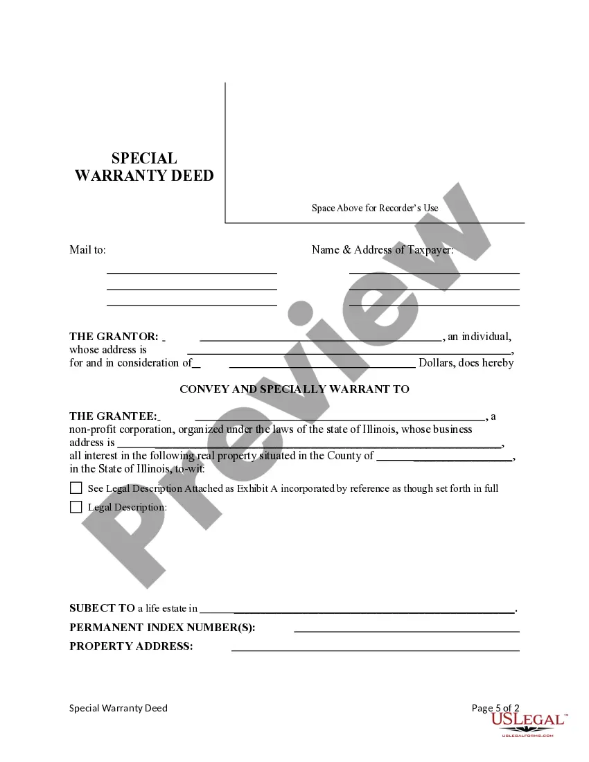 Preview Special Warranty Deed from an Individual Grantor to Non-Profit Corporation as Grantee with Reserved LIfe Estate