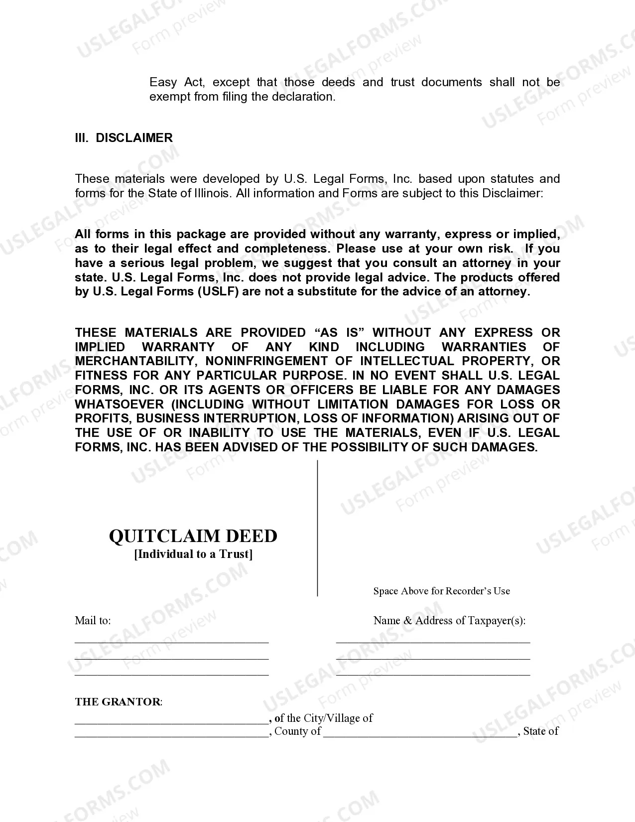 Preview Quitclaim Deed from an Individual to a Trust