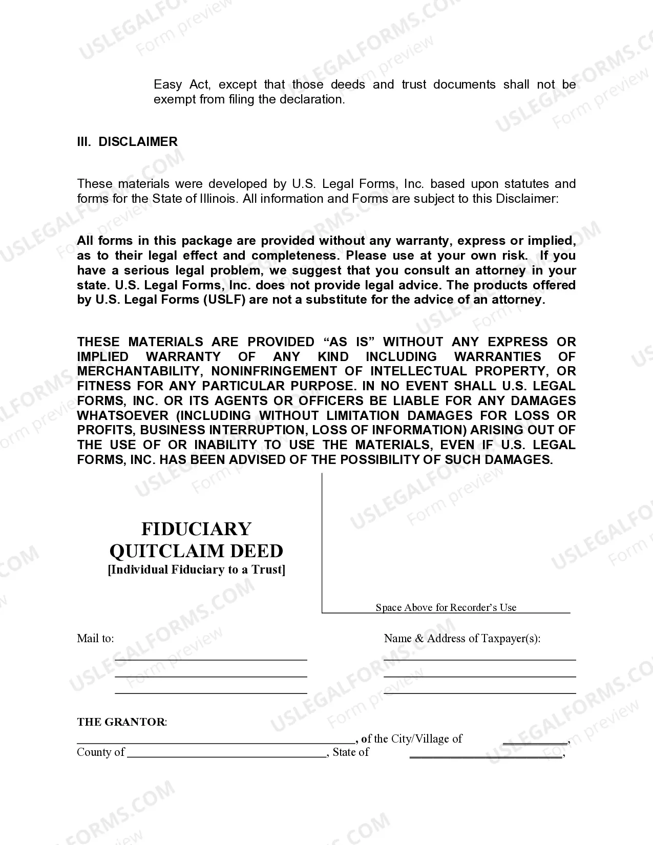 Preview Fiduciary Quitclaim from an Individual Fiduciary to a Trust