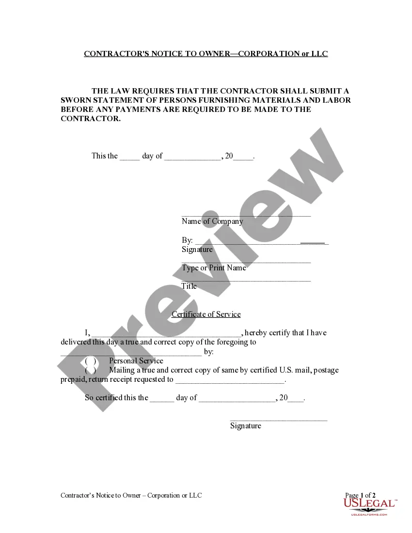 Preview Contractor's Notice to Owner about Disclosure of Labor and Materials - Mechanic Liens - Corporation or LLC
